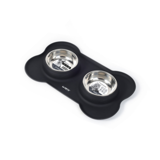 M-PETS DUET Stainless Steel Double Cat and Dog Bowl Set with Raised Edge Silicone Mat